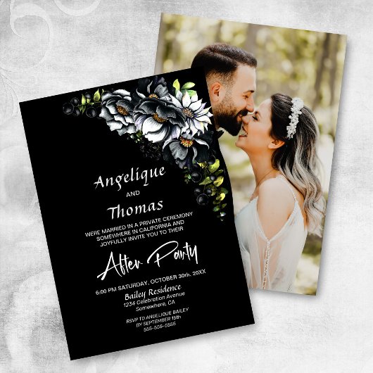 Custom Foto Moody Black Floral Hochzeitsempfang Einladung