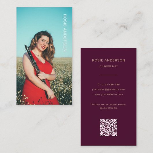Custom Foto Musician QR Code Burgundy Visitenkarte (Vorne/Hinten)