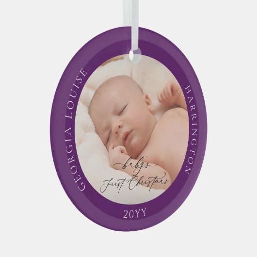 Custom Foto Name Baby's First Lila Christmas Ornament Aus Glas (Vorderseite Rechts)