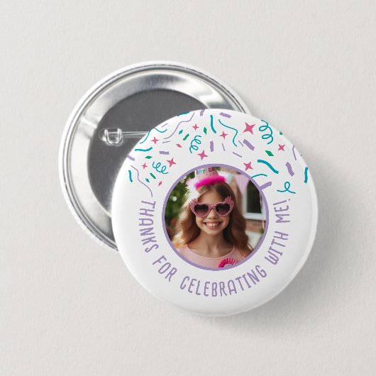 Custom Foto Name Confetti Geburtstag Vielen Dank Button (Vorne & Hinten)