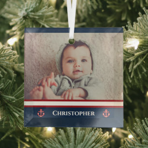 Custom Foto Nausea Navy Blue Red White Ornament Aus Glas