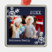 Custom Foto Navy Blue Ornament mit Schneeflocken Aus Metall (Vorne)