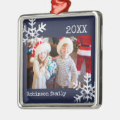 Custom Foto Navy Blue Ornament mit Schneeflocken Aus Metall (Links)