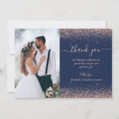 Custom Foto Navy Blue Rose Gold Glitzer Hochzeit Dankeskarte (Vorderseite)