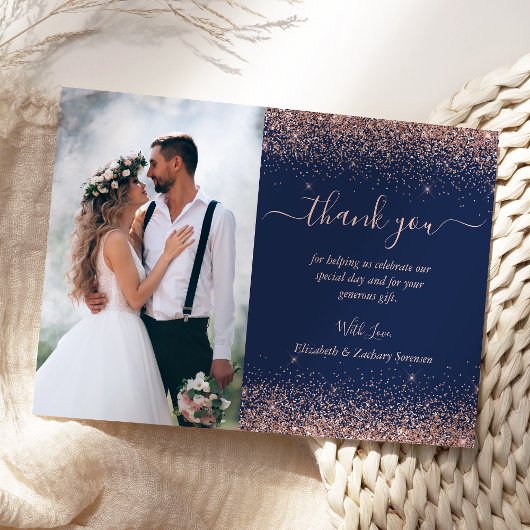Custom Foto Navy Blue Rose Gold Glitzer Hochzeit Dankeskarte