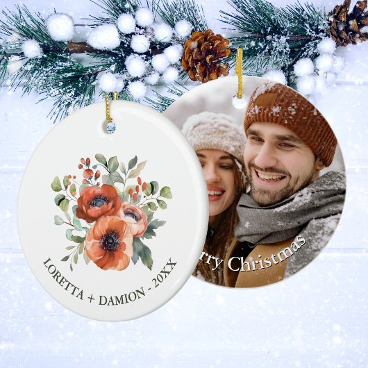 Custom Foto Orange Floral Christmas Keramik Ornament