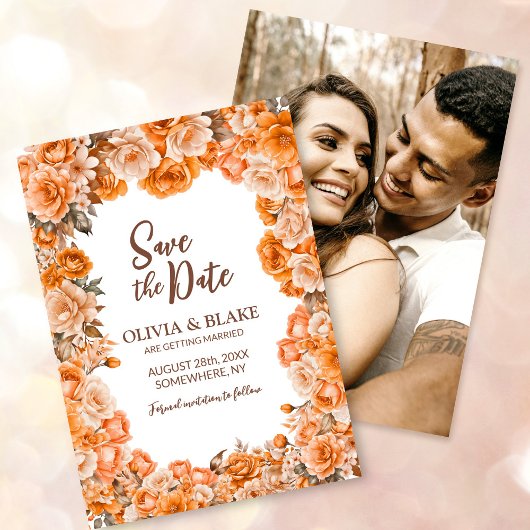 Custom Foto Orange Rose Floral Wedding Save The Date