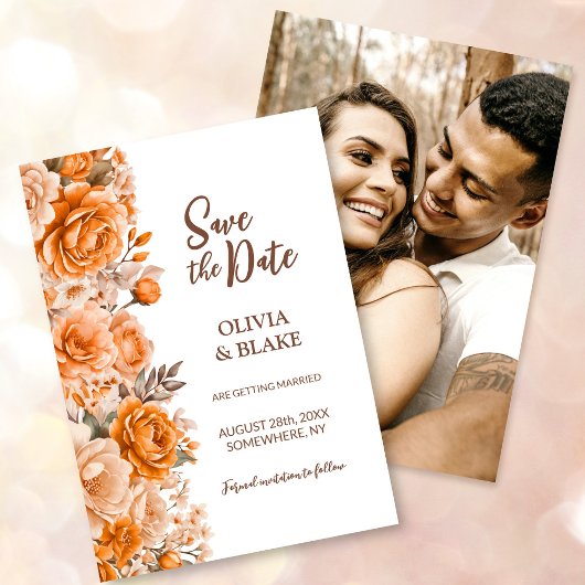 Custom Foto Orange Rose Floral Wedding Save The Date