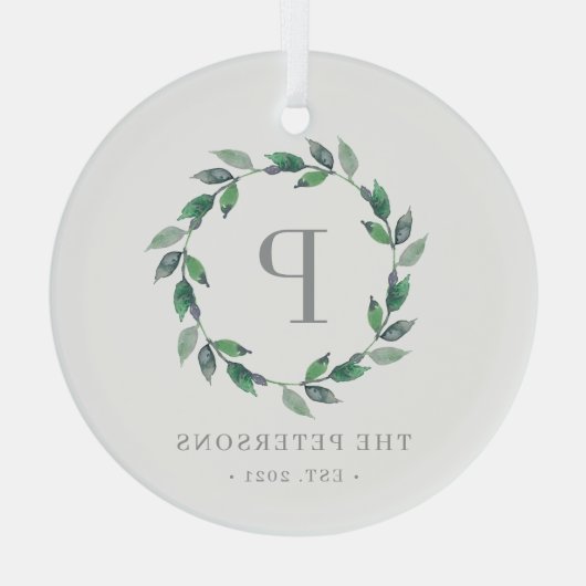 Custom Foto Ornament Delicate Wreath Monogram Aus Glas (Rückseite)
