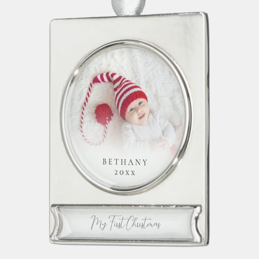 Custom Foto Overlay Name Baby First Christmas Banner-Ornament Silber (Links)