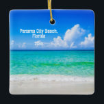 Custom Foto Panama City Beach Umbrells Keramikornament<br><div class="desc">Wenn Sie in diesem Jahr nach Panama City, Florida, gereist sind, werden Sie gewollt, sich an die Reise mit diesem einzigartigen Weihnachtskeepsake-Souvenir-Ornament zu erinnern, mit diesem lebendigen fotografischen Bild des türkisblauen Wassers, weißem Sandstrand, rustikalen Strandtypografie. Einfach anzupassen mit Ihrem Reisedatum auf der Vorderseite und Ihr eigenes Foto auf der Rückseite....</div>