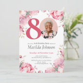 Custom Foto Pink Floral 80. Geburtstag Einladung (Stehend Vorderseite)
