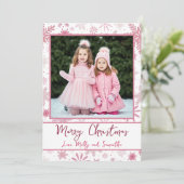 Custom Foto Pink Snowflakes Weihnachtsgrüße Feiertagskarte (Stehend Vorderseite)