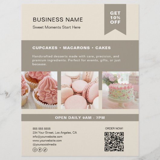 Custom Foto QR Bäckerei Beige Flyer (Vorne)