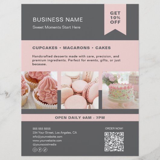 Custom Foto QR Bäckerei Grau Pink Flyer (Vorne)