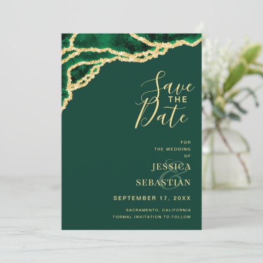 Custom Foto QR Code Emerald Green Agate Modern Save The Date (Stehend Vorderseite)