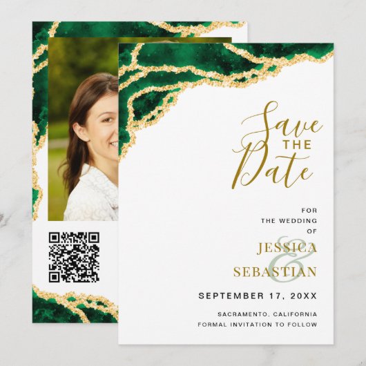 Custom Foto QR Code White Emerald Gold Modern Save The Date (Vorne/Hinten)