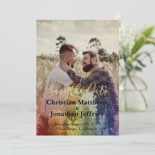 Custom Foto Rainbow Gradient Gay Wedding Save The Date (Stehend Vorderseite)