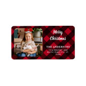 Custom Foto Red Buffalo Kariert Frohe Weihnachten Adressaufkleber (Vorne)