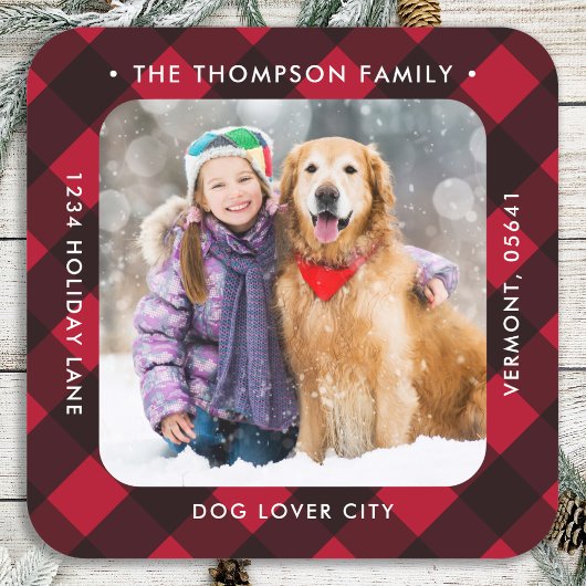 Custom Foto Red Buffalo Karierte Rücksendeadresse Quadratischer Aufkleber