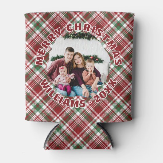 Custom Foto Red Green Tartan Karierte Weihnachten Dosenkühler (Vorderseite)