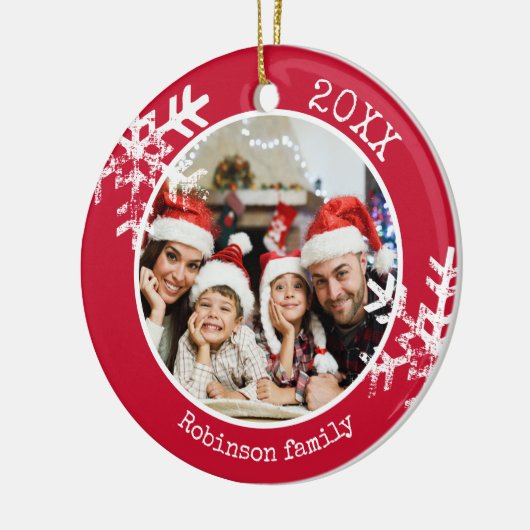 Custom Foto Red Snowflake Circle Ornament (Links)
