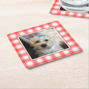 Custom Foto Red & White Country Bauernhof Kariert Rechteckiger Pappuntersetzer