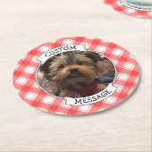 Custom Foto Red & White Country Bauernhof Kariert Runder Pappuntersetzer (Angewinkelt)