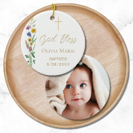 Custom Foto Religiöse Taufe floral Keramik Ornament