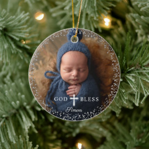 Custom Foto Religiöse Taufe Navy Blue Silver Keramik Ornament