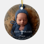 Custom Foto Religiöse Taufe Navy Blue Silver Keramik Ornament (Vorne)