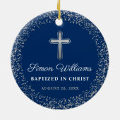 Custom Foto Religiöse Taufe Navy Blue Silver Keramik Ornament (Hinten)