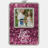 Custom Foto Rosa Glitzer Weihnachtsschmuck Rahmen-Ornament Silber (Vorderseite)