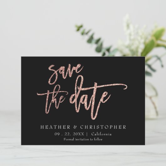 Custom Foto Rose Gold Glitzer Save the Date Card Einladung (Stehend Vorderseite)