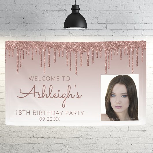 Custom Foto Rose Gold Glitzer Tropfen 18. Geburtst Banner