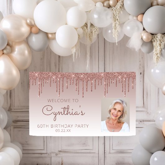 Custom Foto Rose Gold Glitzer Tropfen 60. Geburtst Banner