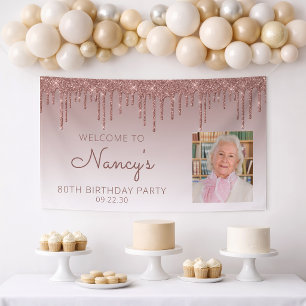 Custom Foto Rose Gold Glitzer Tropfen 80. Geburtst Banner
