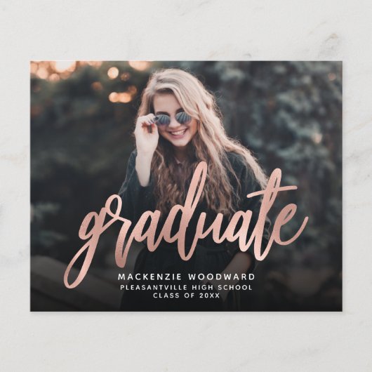 Custom Foto Rose Gold Script Grad Ankündigung (Vorderseite)