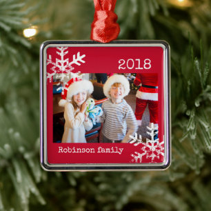 Custom Foto Rote Ornament mit Schneeflocken Aus Metall