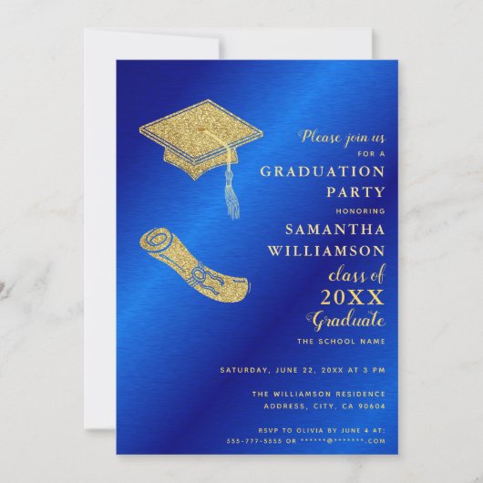 Custom Foto Royal Blue and Gold Graduation Party Einladung (Vorderseite)