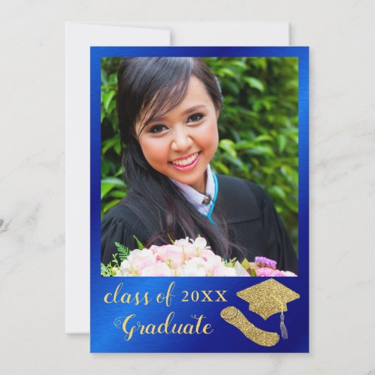 Custom Foto Royal Blue and Gold Graduation Party Einladung (Rückseite)