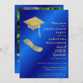 Custom Foto Royal Blue and Gold Graduation Party Einladung (Vorne/Hinten)