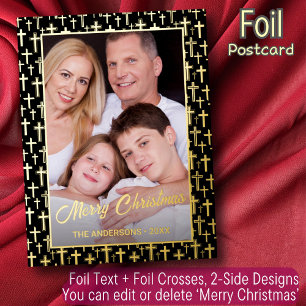 Custom Foto Schwarz und Gold Heiligen Kreuz Weihna Folien Feiertagspostkarte