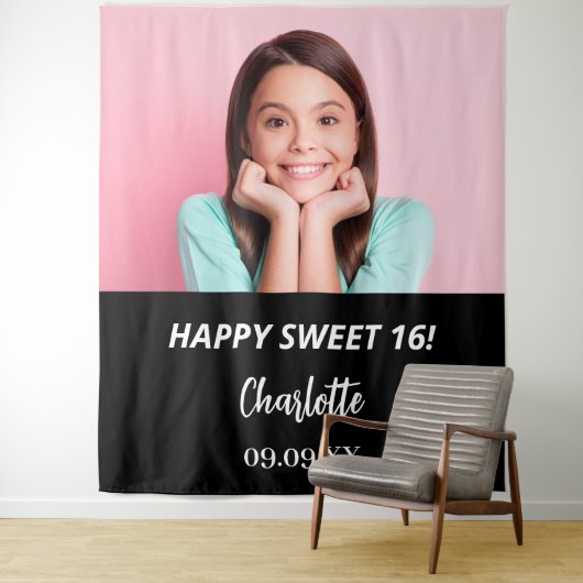 Custom Foto Schwarz-weiß Sweet 16 Party willkommen Wandteppich (Beispiel)
