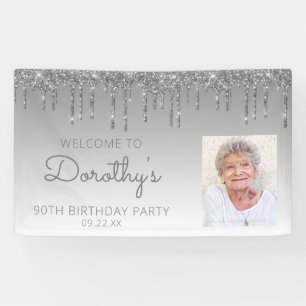 Custom Foto Silver Glitzer Tropfen 90. Geburtstag Banner