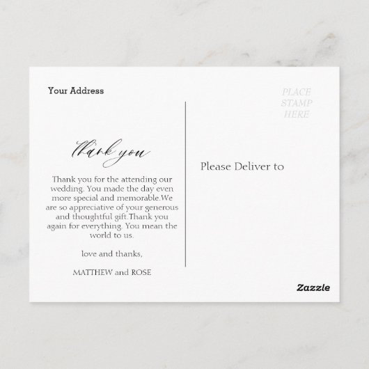 Custom Foto stylish Skript Hochzeit danke Postkarte (Rückseite)