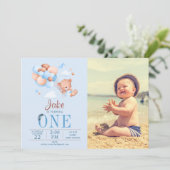 Custom Foto Teddy Bär und Ballon Geburtstag Einladung (Stehend Vorderseite)