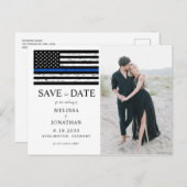 Custom Foto Thin Blue Line Police Wedding Ankündigungspostkarte (Vorne/Hinten)