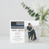 Custom Foto Thin Blue Line Police Wedding Ankündigungspostkarte (Stehend Vorderseite)