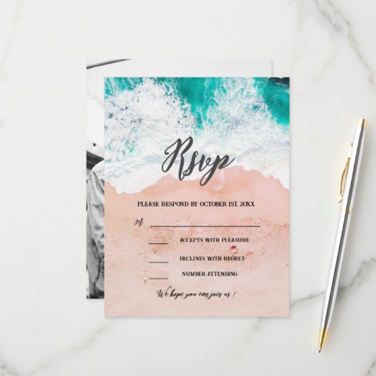 Custom Foto Tropical Beach Coastal Hochzeit RSVP Karte (Vorderseite/Rückseite Beispiel)